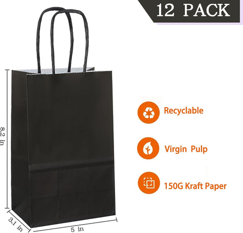AZOWA Gift Bags Black Kraft Paper Bags with Handles (Black, 12 Pcs, 5 x 3.1 x 8.2 in)...