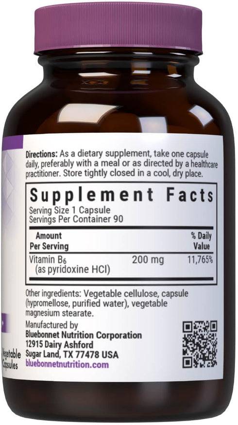 Bluebonnet Nutrition Vitamin B6 Vegetable Capsules, 200 mg, For Cardiovascular and Nervous System Health, Soy Free, Gluten Free, Kosher, Dairy Fre...