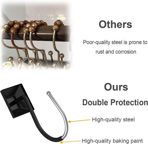 GILLAS Shower Curtain Decorative Hooks, Set of 12 Shower Curtain Rod Rings for Bathroom Rust Resistant Square, Black...