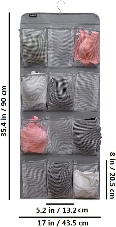 Dual Sided Hanging Shoe Organizer for Closet with Rotating Hanger Hanging Shoe Rack Holder with 24 Large Pockets (Grey-Mesh Pockets)...