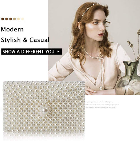 Luxury White Pearl Purses Shoulder Bag for Women Pearl Bag Crossbody Beaded Clutch Evening Bag (White Set1)...