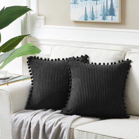 Fancy Homi Pack of 2 Black Lumbar Decorative Throw Pillow Covers with Pom-poms, Soft Corduroy Solid Rectangle Cushion Cases Set for Couch Sofa Bed...