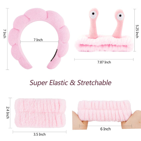 VELSCRUN 6 Pcs Pink Puffy Sponge Spa Headband Snail Cartoon Wristband Set, Spa Headbands for Wash Face, Makeup Headband, Facial Skincare Headbands...