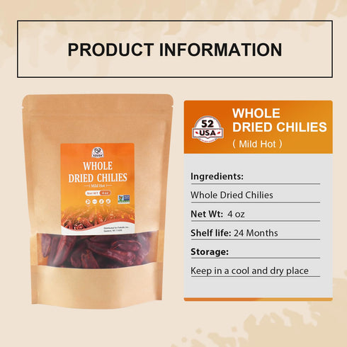 52USA Dried Chilli Peppers, Whole Dried Chilies 4 Oz, Mild Spicy Dried Chiles, Red Chili Pepper, Premium Szechuan Red Dried Chilis, Whole Chili Pe...