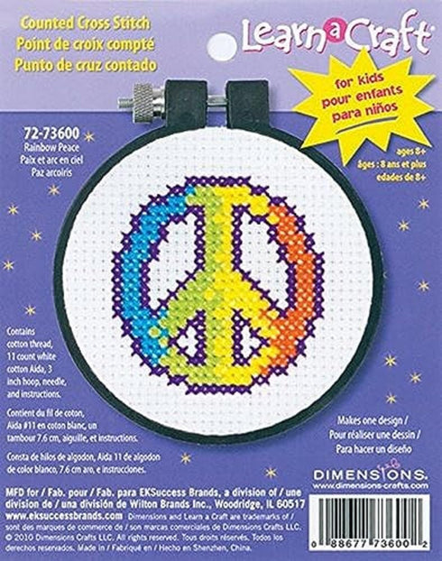 Dimensions Learn-A-Craft 'Rainbow Peace' Mini Counted Cross Stitch Kit for Beginners, 3'', Small, Multicolored...