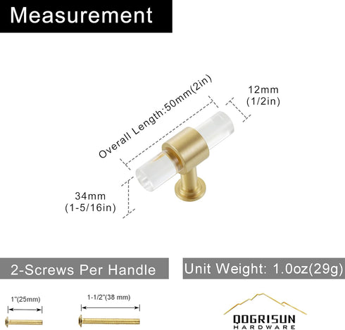 QOGRISUN 2-Pack Acrylic Cabinet Knobs with Brass Base,Gold Modern Drawer Euro Style T Bar Handles, Kitchen Dresser Drawer Clear Glass Crystal Pull...
