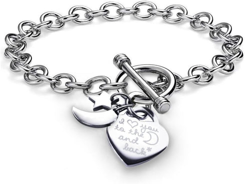 Pearlina Charms Bracelet Heart Toggle I Love You To The Moon and Back Stainless Steel Chain 7.5"...