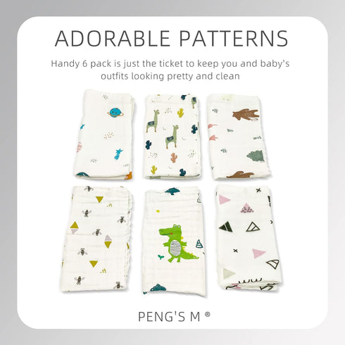 PENG'S M Muslin Baby Burp Cloths 6-Pack Organic Cotton Washcloths 20 by 10 Inches Cloths 6 Layers Super Soft Funny Forest...