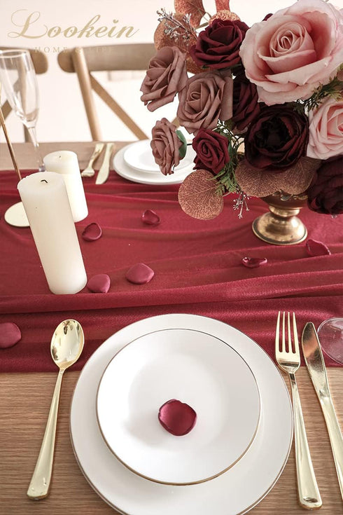 Lookein 10 Feet Burgundy Chiffon Table Runner Sheer Wedding Table Cloth 29x120 Inches Rustic Wedding Decorations French Chiffon Table Runner...
