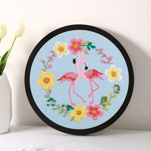 Esffaci Embroidery Starter Kit for Adult Beginner with Flamingos Love Flower Pattern Stamped Cross Stitch Set with Embroidery Cloth Hoop Needle Th...