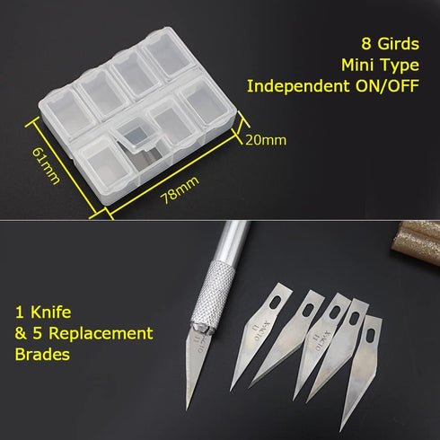 Hot glue gun kit, transparent glue stick, colored glue stick, carving knife with 5 cutting heads, two pointed tweezers, small jewelry box, electro...