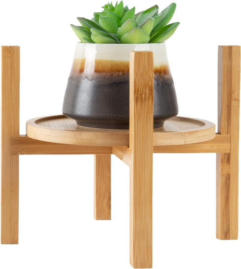 6.5 inch Modern Plant Stand & 5.5" Bamboo Saucer, Mid-Century Planter Holder, Plant Saucer, Round Bamboo Tray for Flower Pot, Planter Pot Tray, Pr...