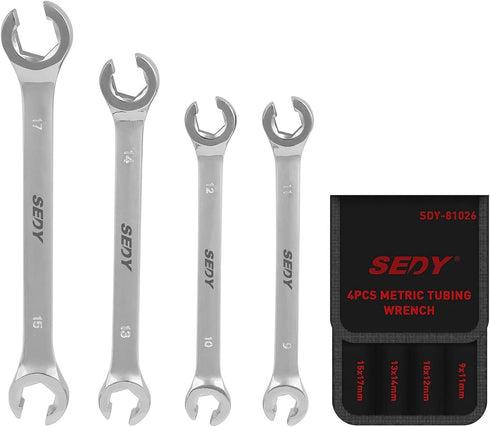 SEDY 4-Piece Flare Nut Wrench Set, Offset End Spanner Metric 9 10 11 12 13 14 15 17mm, CR-V Steel Storage Pouch Repair and Remove Nuts on Fuel Tub...