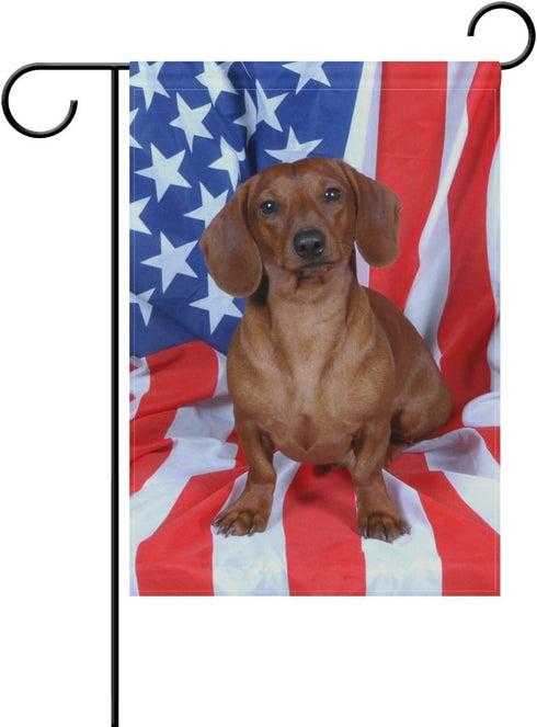 ALAZA Cute Dachshund with American Flag Polyester Garden Flag House Banner 12 x 18 inch, Two Sided Welcome Yard Decoration Flag for Wedding Party ...