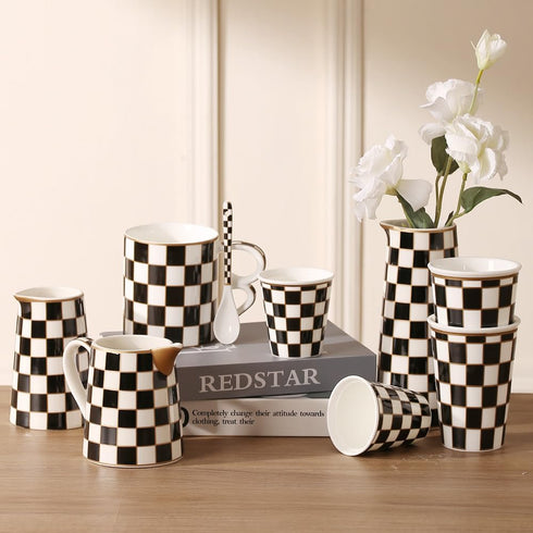 Porlien Checker Porcelain 18-ounce Mug Set of 2 with Teaspoon, Coffee Mugs Tea Cups...