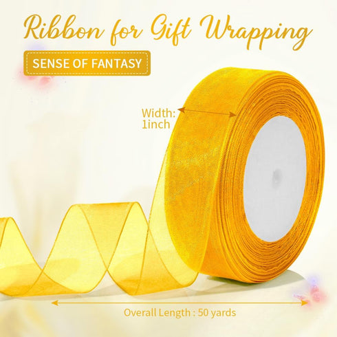 Gold Ribbon for Flower Bouquet 1 Inch 50 Yards Sheer Yellow Ribbon for Mothers Day Gift Basket Tulle Ribbon for Gift Wrapping Ribbons for Crafts S...