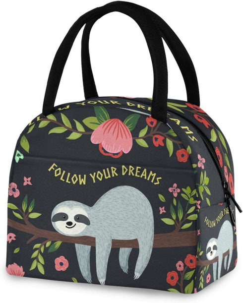 ZZKKO Animal Sloth Follow Your Dream Lunch Bag Box Organizer Lunch Container Insulated Zipper Meal Prep Cooler Handbag For Women Men Home School O...