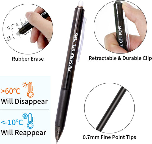 Vitoler 10 Pack Erasable Gel Pens, 0.7 mm Fine Point Retractable Pens, Black Ink Erasable Pens for Completing Sudoku and Crossword Puzzles...