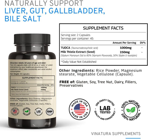 TUDCA Milk Thistle 1250mg - Liver Support, Liver Health, Gallbladder Supplements *USA Made and Tested*, Tudca Supplement, Bile Salts Supplement, L...