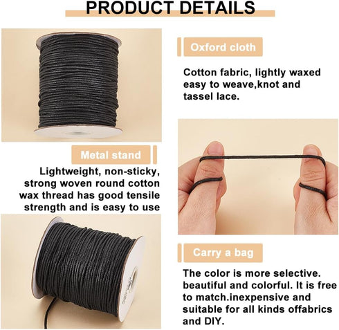 PH PandaHall 2mm Black Waxed Cord for Jewelry Making, 100 Yards Waxed Cotton Cord Thread Beading Cord String for Bracelet Necklace Waist Chain Ank...