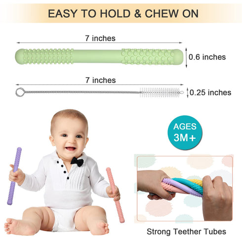 Hollow Teething Tubes Toys for Babies Girls Boys, 5 Pack Silicone Baby Teether Toy Tube for Infants with Nursing Biting Chewing, Chew Straws for T...