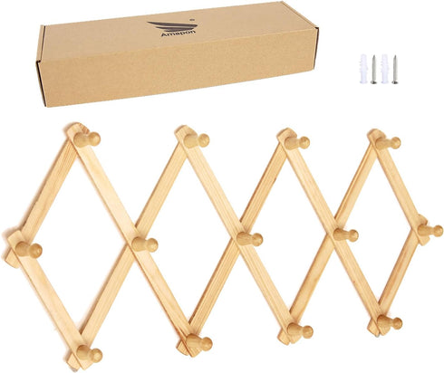 AMAPON Accordion Style Expandable Wall Wooden Coat Rack 13 Hooks (Pegs) Hang Hats Jackets Coffee Mug Purses Necklaces Towels Cap Leash Scarves Dat...