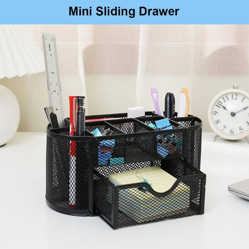 AUSTARK Desk Organizer Stationery Storage, Pencil Holder for Desk, Wire Mesh Office Supplies Desk Accessories & Workspace Organizers with 9 Compar...