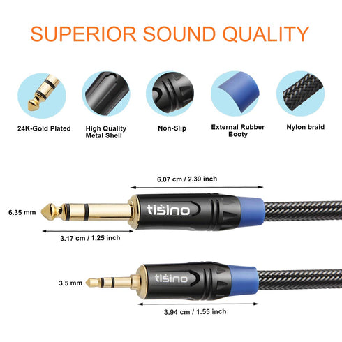 tisino 1/8 to 1/4 Stereo Cable, 3.5mm to 1/4 Adapter Aux Cord Stereo Audio Cable for Guitar, Keyboard Piano, Laptop, Home Theater Devices, Speaker...