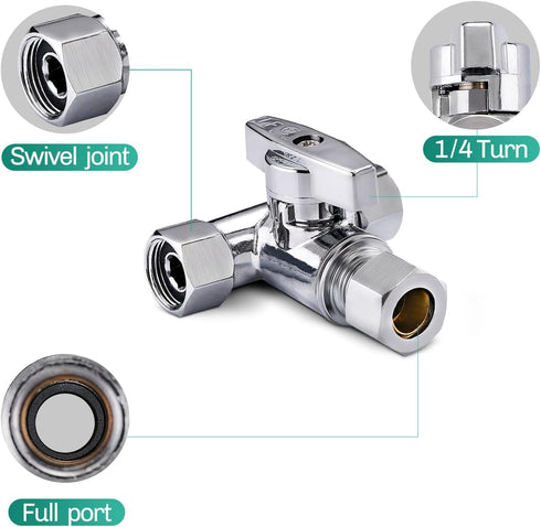 Lead-Free Brass 1Pcs Chrome-Plated Add-A-Tee 3-Way,3/8 Inch x 3/8 Inch x 3/8 Inch Angle Stop Valve For Reverse Osmosis Water Filters,Ice Maker,Ref...