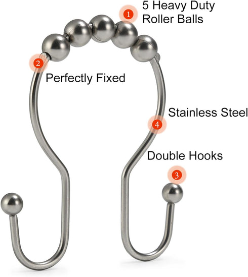 Goowin Shower Curtain Hooks, 12 Pcs Shower Curtain Rings, Stainless Steel Shower Curtain Hooks Rings Rust Proof, Smooth Sliding Anti-Drop Double S...