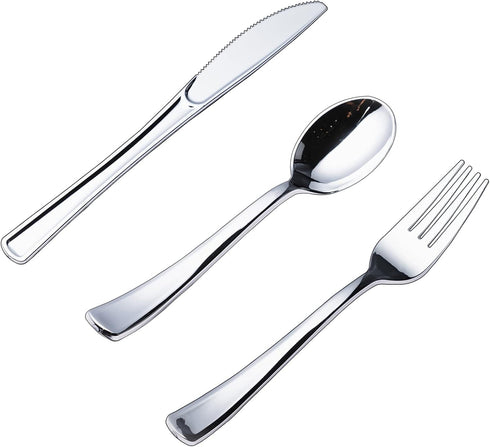 N9R 200pcs Plastic Silverware Set, Silver Plastic Cutlery Including 100pcs Forks, 50pcs Spoons, 50pcs Knives, Disposable Silverware for Party/Ever...