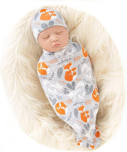 Galabloomer Newborn Swaddle Blanket with Beanie Set Baby Boy Receiving Blanket Rainbow (Deer& White Fox)...