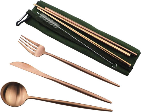 Eco-friendly Matte Finish Flatware Sets 7 Pieces Cutlery Set Knife Fork Spoon 18/10 Stainless Steel Rose Gold Portable Travel Utensil Set for Trav...