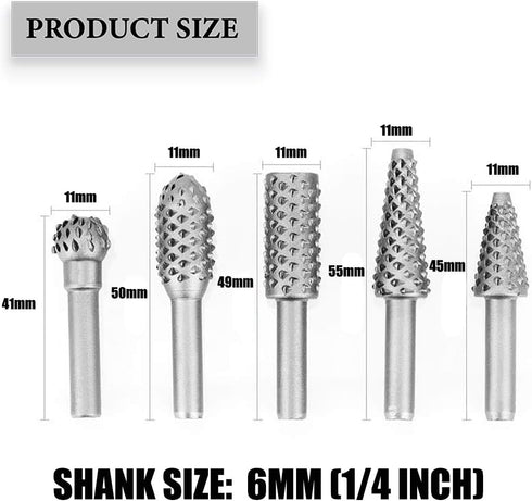 5 PCS Rotary Drill Bit Set Woodworking Rasp Wood Carving Bits 1/4” Shank Power Carving Bits Rotary Burr Set...