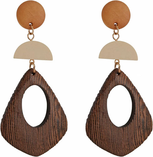 Women's Natural Wood Earrings Variety of Fashion Earrings Stainless Steel Earrings Minimalist Retro Earring Set Wooden Natural Hollow Earrings Cur...