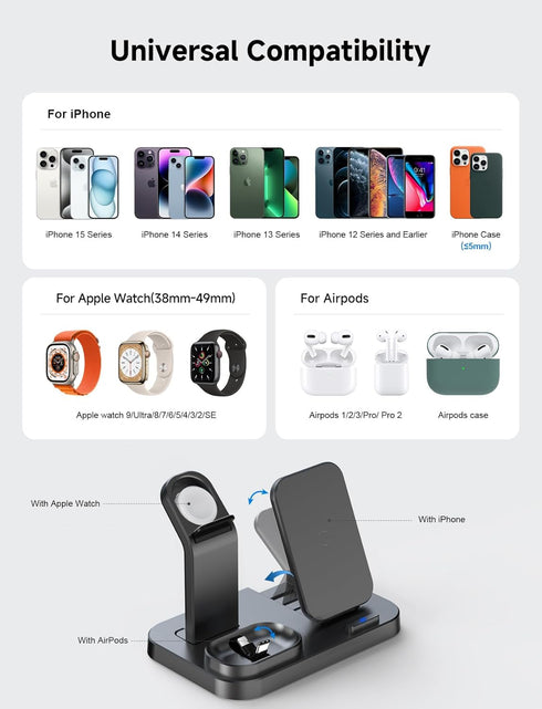 3 in 1 Wireless Charging Station for Apple Devices, Charging Dock for iWatch 9 8 7 6 SE 5 4 3 2 1, Built-in Charger Stand for iPhone Series AirPod...