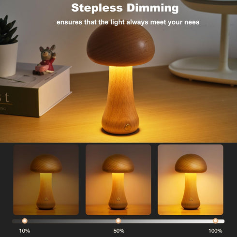 Small Wood Mushroom Lamp, LED Cordless Bedside Touch Lamp, Portable Dimmable Battery Mushroom Lamp for Bedroom Nightstand...
