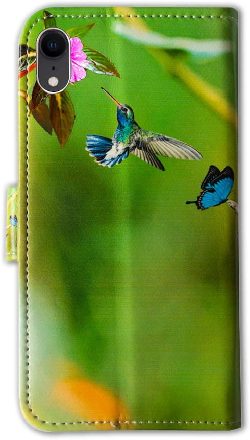 Case for iPhone XR, Hummingbird Pink Flower Leather Flip Wallet Case Phone Cover with Card Slot Holder Kickstand for iPhone XR...