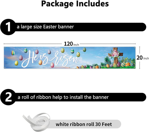 Probsin He is Risen Banner 120" x 20" Happy Easter Banner Decorations Party Supplies Eggs Cross Home Decor with Brass Grommets for Outside Indoor ...