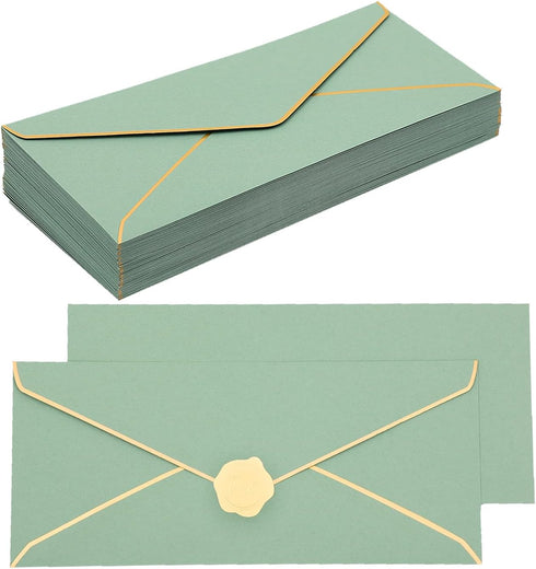 50 pcs Sage Green Business Envelope with V-Flap, Gold Border & Golden Sticker, 10 Self Adhesive Envelopes for Office, Checks, Letter Mailing, Invo...