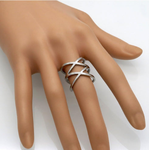 Womens Silver Stainless Steel Double X Criss Cross Ring Engagement Wedding Lady Girls Fashion Party Cocktail Rings Wide Band (11)...