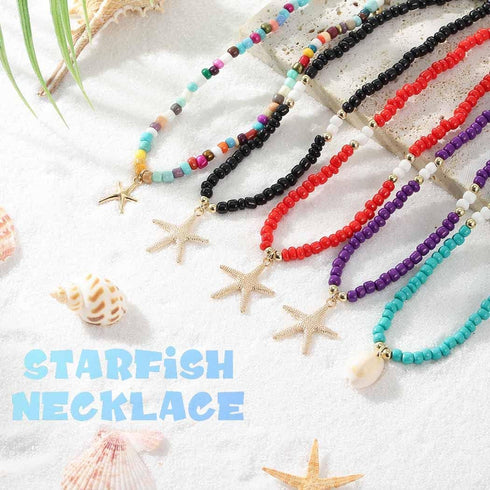 Tgirls Boho Seed Beaded Necklace Shell Starfish Choker Necklaces Cute Summer Pendant Necklace Colorful Beach Necklace Chain for Women and Girls...