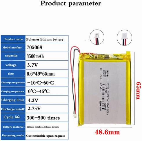 3.7V 705068 3500mAh Lithium Polymer ion Battery Rechargeable Polymer Battery Pack for RG35XX with JST 1.25m Connector...
