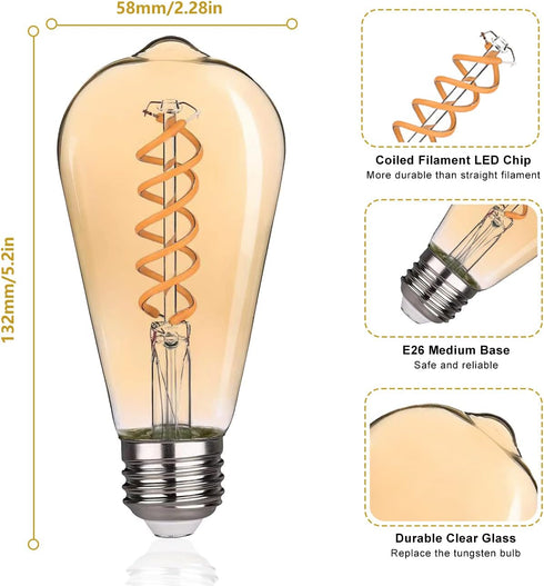 ST58 (ST19) Vintage Edison LED Bulb, Warm White 2500K, Antique Flexible Spiral LED Filament Light Bulb, 600LM Dimmable, 6W Equivalent to 60W, CRI ...