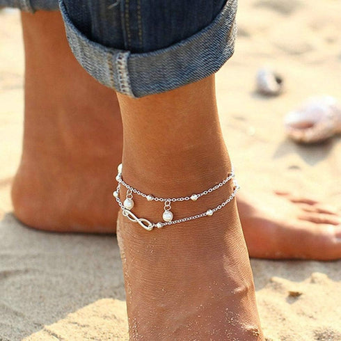 Boho Infinite Anklet Bracelets Pearl Layered Anklet Chain Silver Beach Foot Jewelry for Women...