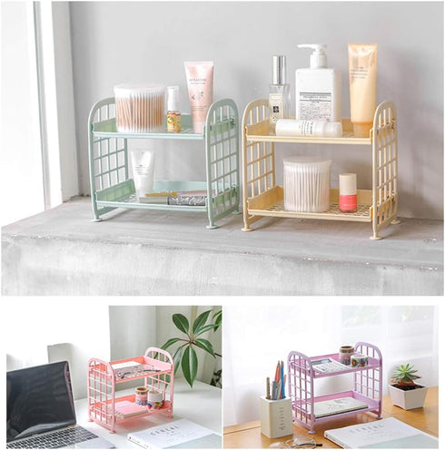 UnnFiko 2-Layers Table Shelf Organizer, Adjustable Plastic Storage Rack Shelf Square Basket Desk Stand Table Storage Organizer Shelves (Green)...