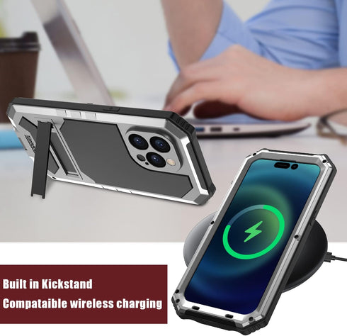 iPhone 14 Pro Max Waterproof Case, iPhone 14 Pro Max Metal Case with Screen Protector Kickstand Military Full Body Rugged Heavy Duty Dustproof Def...