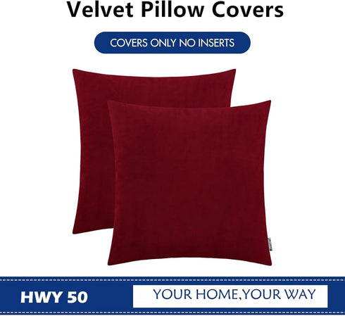 HWY 50 Burgundy Red Velvet Throw Pillow Covers 20x20 Inch, Pack of 2 Soft Cozy Solid Decorative Luxury Cushion Cases for Couch Sofa Bed Living Roo...