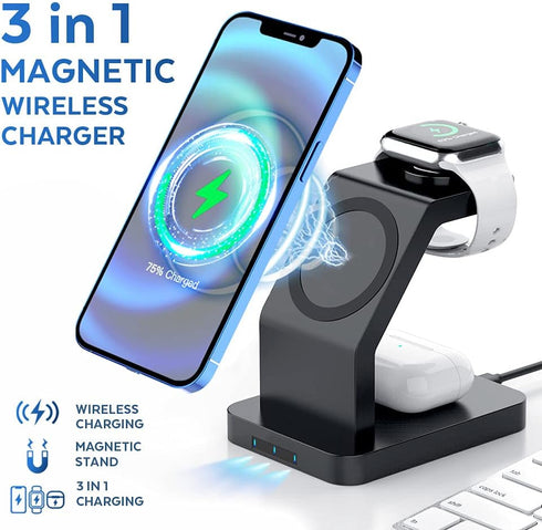 Magnetic Wireless Charger, 3 in 1 Wireless Charging Station Compatible with iPhone 15/14/13/12 Series, Watch Charger Stand for iWatch Ultra 2/9/8/...