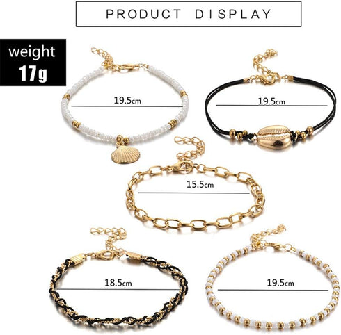 Bohemia Shell Charm Pendant Anklet Set 5Pcs Black Leather Chain Braided String Pearl Beaded Ankle Bracelet Boho Beach Jewelry for Women...